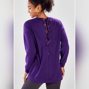 Fabletics Sweater Womens Large Purple Long Sleeve Top Sweatshirt Lace Up Collar
